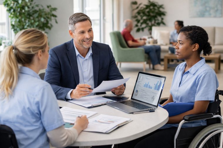 NDIS consultant working with disability service staff reviewing compliance and service governance