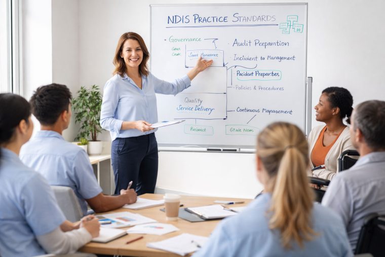 Female trainer delivering NDIS Practice Standards training to disability support workers